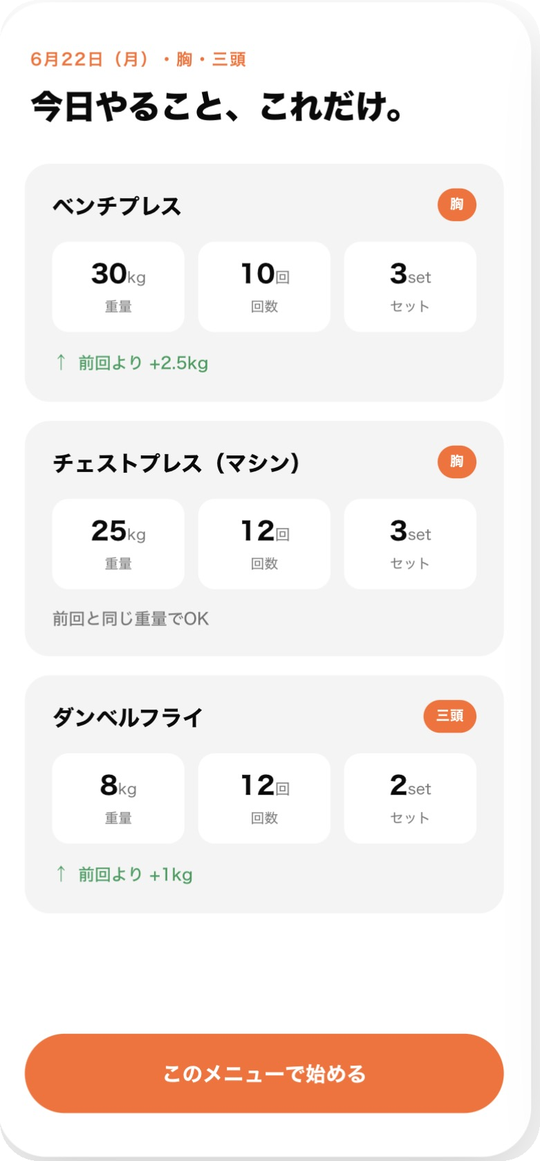 今日のメニューが表示される画面